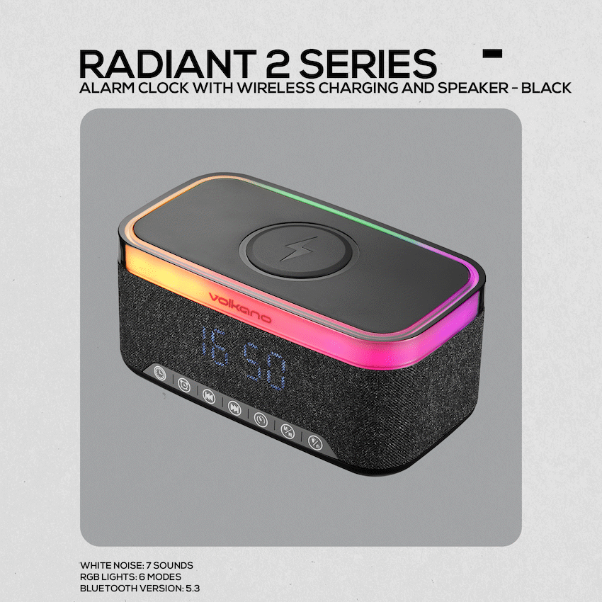Volkano Radiant 2 Alarm Clock with Wireless Charging and Speaker - Black - Image 4